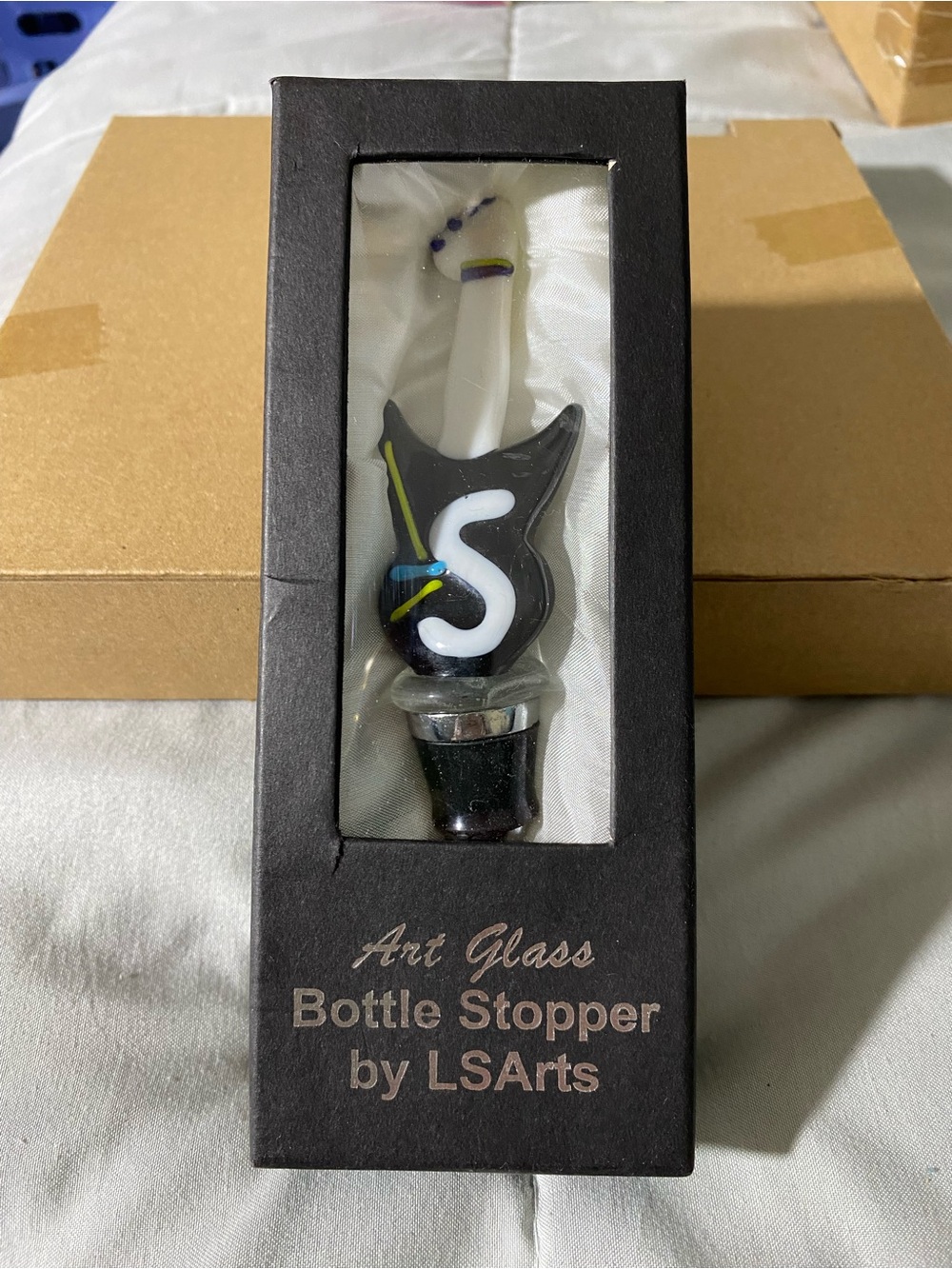 Art Glass Bottle Stopper by LSArts - Black with White & Yellow Accents